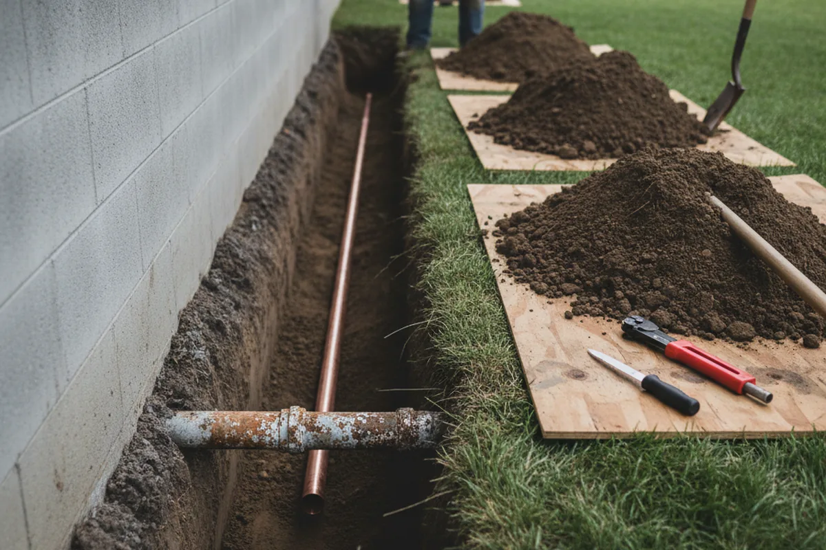 Excavated water line trench during Water Softener Installation in South Roxana